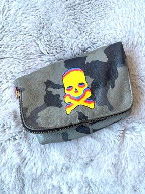 CORROON fold over  Camo Leather Skull Pouch Bag Clutch Camouflage Green